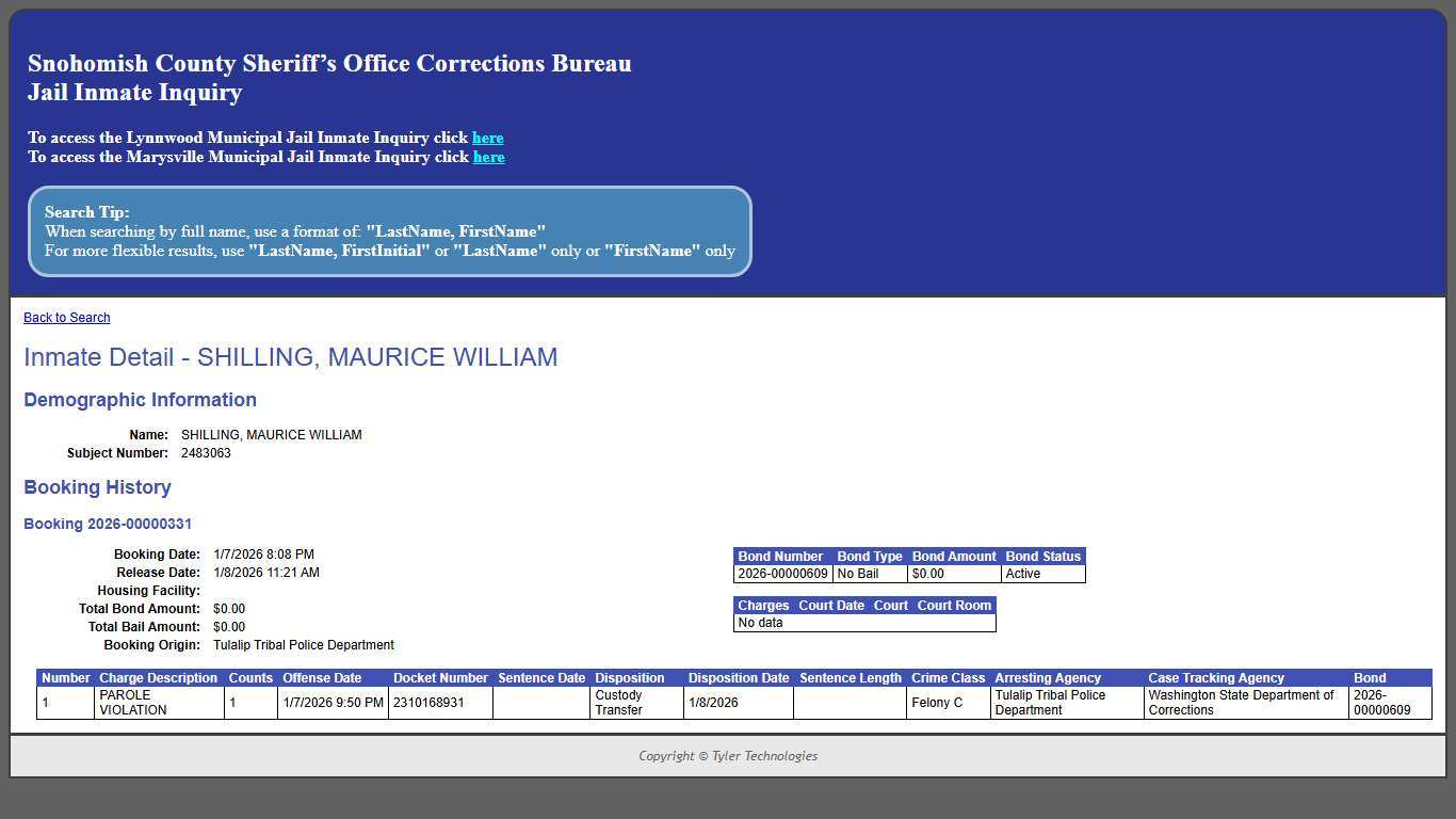 Inmate Detail - SHILLING, MAURICE WILLIAM